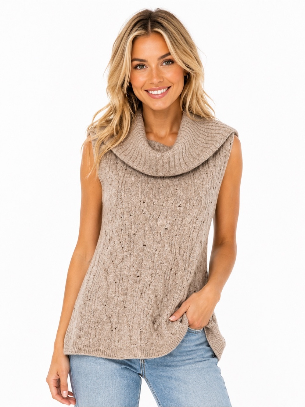 💛2 for 20 - Pilcro Sleeveless Cable Cowl Neck Sweater Vest - Taupe, xsmall